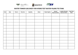 WATER TANKER LOG SHEET FOR HYDRO TEST WATER FILLING TES TANK
S.No Date Time In Time Out Quantity Driver Tanker Reg No
Azmeel
Representative
Arabian Etimaad
Representative
Total Time
Taken
 