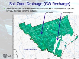 15
Soil Zone Drainage (GW Recharge)
► When moisture is available (winter months) there is a near constant, but rate
limited, drainage from the soil zone
Beach DepositsTill Upland
 