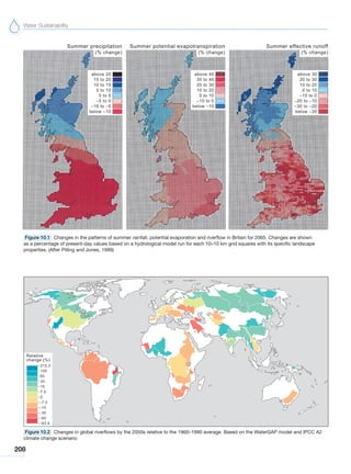 Water Sustainability
208
Figure 10.1 Changes in the patterns of summer rainfall, potential evaporation and riverflow in Britain for 2065. Changes are shown
as a percentage of present-day values based on a hydrological model run for each 10¥10 km grid squares with its specific landscape
properties. (After Pilling and Jones, 1999)
Figure 10.2 Changes in global riverflows by the 2050s relative to the 1960–1990 average. Based on the WaterGAP model and IPCC A2
climate change scenario
 