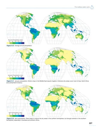 The restless water cycle
227
Figure 11.6 Average annual precipitation
Figure 11.7 January precipitation. Winter crops in the Middle East require irrigation. Extensive dry areas cover most of Asia, North Africa
and central North America
Figure 11.8 April precipitation. Rains begin to reduce the dry areas in the northern hemisphere, but drought extends in the southern
hemisphere, especially in Australia and southern Africa
 