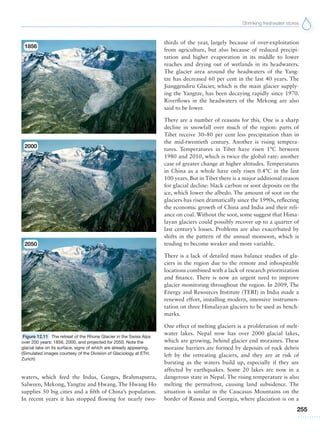 Shrinking freshwater stores
255
Figure 12.11 The retreat of the Rhone Glacier in the Swiss Alps
over 200 years: 1856, 2000, and projected for 2050. Note the
glacial lake on its surface, signs of which are already appearing.
(Simulated images courtesy of the Division of Glaciology at ETH.
Zurich)
waters, which feed the Indus, Ganges, Brahmaputra,
Salween, Mekong, Yangtze and Hwang. The Hwang Ho
supplies 50 big cities and a fifth of China’s population.
In recent years it has stopped flowing for nearly two-
thirds of the year, largely because of over-exploitation
from agriculture, but also because of reduced precipi-
tation and higher evaporation in its middle to lower
reaches and drying out of wetlands in its headwaters.
The glacier area around the headwaters of the Yang-
tze has decreased 60 per cent in the last 40 years. The
Jianggendiru Glacier, which is the main glacier supply-
ing the Yangtze, has been decaying rapidly since 1970.
Riverflows in the headwaters of the Mekong are also
said to be lower.
There are a number of reasons for this. One is a sharp
decline in snowfall over much of the region: parts of
Tibet receive 30–80 per cent less precipitation than in
the mid-twentieth century. Another is rising tempera-
tures. Temperatures in Tibet have risen 1°C between
1980 and 2010, which is twice the global rate: another
case of greater change at higher altitudes. Temperatures
in China as a whole have only risen 0.4°C in the last
100 years. But in Tibet there is a major additional reason
for glacial decline: black carbon or soot deposits on the
ice, which lower the albedo. The amount of soot on the
glaciers has risen dramatically since the 1990s, reflecting
the economic growth of China and India and their reli-
ance on coal. Without the soot, some suggest that Hima-
layan glaciers could possibly recover up to a quarter of
last century’s losses. Problems are also exacerbated by
shifts in the pattern of the annual monsoon, which is
tending to become weaker and more variable.
There is a lack of detailed mass balance studies of gla-
ciers in the region due to the remote and inhospitable
locations combined with a lack of research prioritization
and finance. There is now an urgent need to improve
glacier monitoring throughout the region. In 2009, The
Energy and Resources Institute (TERI) in India made a
renewed effort, installing modern, intensive instrumen-
tation on three Himalayan glaciers to be used as bench-
marks.
One effect of melting glaciers is a proliferation of melt-
water lakes. Nepal now has over 2000 glacial lakes,
which are growing, behind glacier end moraines. These
moraine barriers are formed by deposits of rock debris
left by the retreating glaciers, and they are at risk of
bursting as the waters build up, especially if they are
affected by earthquakes. Some 20 lakes are now in a
dangerous state in Nepal. The rising temperature is also
melting the permafrost, causing land subsidence. The
situation is similar in the Caucasus Mountains on the
border of Russia and Georgia, where glaciation is on a
1856
2000
2050
 