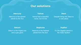 Our solutions
Venus
Venus has a beautiful
name, but it’s hot
Mars
Despite being red, Mars is
a cold place
Mercury
Mercury is the closest
planet to the Sun
Neptune
Neptune is the farthest
planet from the Sun
Jupiter
It’s the biggest planet in
the Solar System
Saturn
Saturn is the ringed one
and a gas giant
 