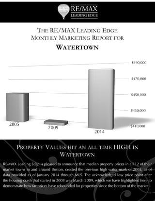 THE RE/MAX LEADING EDGE
MONTHLY MARKETING REPORT FOR

WATERTOWN

 

G

PROPERTY VALUES HIT AN ALL TIME HIGH IN
WATERTOWN

RE/MAX Leading Edge is pleased to announce that median property prices in all 12 of their
market towns in and around Boston, crested the previous high water mark of 2005, as of
data provided as of January 2014 through MLS. The acknowledged low price point after
the housing crash that started in 2008 was March 2009, which we have highlighted here to
demonstrate how far prices have rebounded for properties since the bottom of the market.

 
