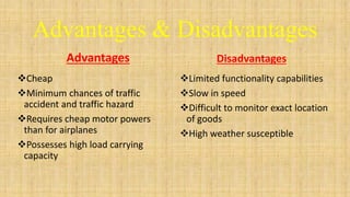 Advantages & Disadvantages
Advantages
Cheap
Minimum chances of traffic
accident and traffic hazard
Requires cheap motor powers
than for airplanes
Possesses high load carrying
capacity
Disadvantages
Limited functionality capabilities
Slow in speed
Difficult to monitor exact location
of goods
High weather susceptible
 