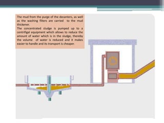 The mud from the purge of the decanters, as well
as the washing filters are carried to the mud
thickener.
The concentrated sludge is pumped up to a
centrifigal equipment which allows to reduce the
amount of water which is in the sludge, thereby
the volume of water is reduced and it makes
easier to handle and its transport is cheaper.

 