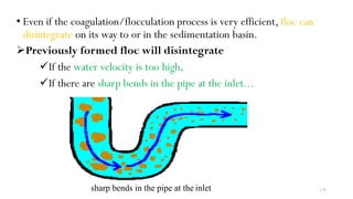 • Even if the coagulation/flocculation process is very efficient, floc can
disintegrate on its way to or in the sedimentation basin.
Previously formed floc will disintegrate
If the water velocity is too high,
If there are sharp bends in the pipe at the inlet...
176
sharp bends in the pipe at the inlet
 