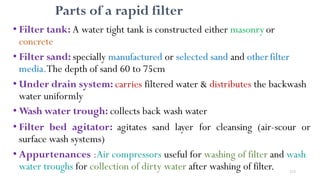 213
Parts of a rapid filter
• Filter tank: A water tight tank is constructed either masonry or
concrete
• Filter sand: specially manufactured or selected sand and other filter
media.The depth of sand 60 to 75cm
• Under drain system: carries filtered water & distributes the backwash
water uniformly
• Wash water trough: collects back wash water
• Filter bed agitator: agitates sand layer for cleansing (air-scour or
surface wash systems)
• Appurtenances :Air compressors useful for washing of filter and wash
water troughs for collection of dirty water after washing of filter.
 