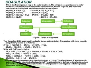 This is the first important step in the water treatment. The principal coagulants used in water
treatment consists of aluminum sulphate, ferric chloride, ferrous sulphate. The important
reactions involved in flock formation with alum are as follows:
Al2(SO4)3 + 3Ca(HCO3)2 → 3CaSO4 + 2Al(OH)3 + 6CO2
Al2(SO4)3 + 3Ca(OH)2 → 3CaSO4 + 2Al(OH)3
Al2(SO4)3 + 3Na2CO3 + 3H2O → 2Al(OH)3 + 3Na2SO4 + 3CO2
Al2(SO4)3 + 6NaOH → 2Al(OH)3 + 3Na2SO4

Figure: Water management
This flock of Al (OH)3 absorbs dirt and color during sedimentation. The reaction with ferric chloride
coagulation process is as follows:
2FeCl3 + 3Ca(HCO3)2 → 3CaCl2 + 2Fe(OH)3 + 6CO2
2FeCl3 + 3Ca(OH)2 → 3CaCl2 + 2Fe(OH)3
While with FeSO4 and chlorine,
Cl2 + 2FeSO4 + 3Ca(HCO3)2 → 2Fe(OH)2 + 2CaSO4 + 6CO2 + CaCl2
FeSO4 + Ca(OH)2 → Fe(OH)2 + CaSO4
FeSO4 + Ca(HCO3)2 → Fe(OH)2 + CaSO4 + 2CO2
2Fe(OH)2 + ½ O2 + H2O → 2Fe(OH)3
The last reaction in the presence of dissolved oxygen is critical. The effectiveness of a coagulant is
determined by the magnitude of zeta potential. The zeta potential is defined as the charge on ions
surrounding suspended particulate matter. The charges are usually negative and are expressed
in terms of mill volts.
Rejection
Accumulatinon
Circulation
Collection
Recycle
Water origin
Applications
Treatment
 