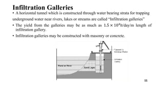 Infiltration Galleries
• A horizontal tunnel which is constructed through water bearing strata for trapping
underground water near rivers, lakes or streams are called “Infiltration galleries”
• The yield from the galleries may be as much as 1.5 × 104
lt/day/m length of
infiltration gallery.
• Infiltration galleries may be constructed with masonry or concrete.
Fig: infiltration galleries
11
 