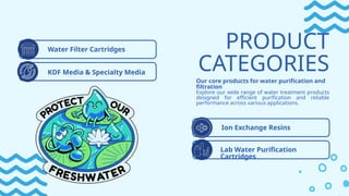 Lab Water Purification
Cartridges
PRODUCT
CATEGORIES
Our core products for water purification and
filtration
Explore our wide range of water treatment products
designed for efficient purification and reliable
performance across various applications.
Water Filter Cartridges
KDF Media & Specialty Media
Ion Exchange Resins
 