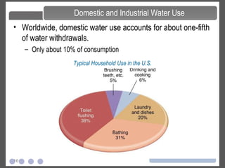 16
• Worldwide, domestic water use accounts for about one-fifth
of water withdrawals.
– Only about 10% of consumption
Domestic and Industrial Water Use
Typical Household Use in the U.S.
 