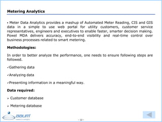 - 12 -
Metering Analytics
 Meter Data Analytics provides a mashup of Automated Meter Reading, CIS and GIS
data in a simple to use web portal for utility customers, customer service
representatives, engineers and executives to enable faster, smarter decision making.
Powel MDA delivers accuracy, end-to-end visibility and real-time control over
business processes related to smart metering.
Methodologies:
In order to better analyze the performance, one needs to ensure following steps are
followed.
Gathering data
Analyzing data
Presenting information in a meaningful way.
Data required:
 Customer database
 Metering database
 
