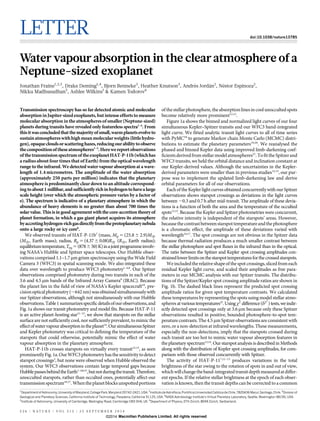 LETTER doi:10.1038/nature13785 
Water vapour absorption in the clear atmosphere of a 
Neptune-sized exoplanet 
Jonathan Fraine1,2,3, Drake Deming1,4, Bjorn Benneke3, Heather Knutson3, Andre´s Jorda´n2, Ne´stor Espinoza2, 
Nikku Madhusudhan5, Ashlee Wilkins1 & Kamen Todorov6 
Transmission spectroscopy has so far detected atomic andmolecular 
absorption in Jupiter-sized exoplanets, but intense efforts tomeasure 
molecular absorption in the atmospheres of smaller (Neptune-sized) 
planets during transits have revealed only featureless spectra1–4. From 
this itwas concluded that the majority of small,warmplanets evolve to 
sustain atmospheres with highmeanmolecular weights (little hydro-gen), 
opaque clouds or scattering hazes, reducing our ability to observe 
the composition of these atmospheres1–5.Herewe report observations 
of the transmission spectrumof the exoplanetHAT-P-11b (which has 
a radius about four times that of Earth) fromthe optical wavelength 
range to the infrared.We detected water vapour absorption at a wave-length 
of 1.4 micrometres. The amplitude of the water absorption 
(approximately 250 parts per million) indicates that the planetary 
atmosphere is predominantly clear down to an altitude correspond-ing 
to about 1 millibar, and sufficiently rich in hydrogen to have a large 
scale height (over which the atmospheric pressure varies by a factor of 
e). The spectrum is indicative of a planetary atmosphere in which the 
abundance of heavy elements is no greater than about 700 times the 
solar value. This is ingoodagreementwith the core-accretion theory of 
planet formation, in which a gas giant planet acquires its atmosphere 
by accretinghydrogen-rich gasdirectly fromthe protoplanetary nebula 
onto a large rocky or icy core6. 
We observed transits of HAT-P-11b7 (mass, Mp5(25.862.9)M› 
(M›, Earth mass); radius, Rp5(4.3760.08)R› (R›, Earth radius); 
equilibrium temperature,Teq5(878650)K) ina jointprogramme involv-ing 
NASA’s Hubble and Spitzer space telescopes. Our Hubble obser-vations 
comprised 1.1–1.7 mmgrismspectroscopy using theWide Field 
Camera 3 (WFC3) in spatial scanning mode.We also integrated these 
data over wavelength to produce WFC3 photometry1–4,8. Our Spitzer 
observations comprised photometry during two transits in each of the 
3.6 and 4.5 mm bands of the Infrared Array Camera9 (IRAC). Because 
the planet lies in the field of view of NASA’s Kepler spacecraft10, pre-cision 
optical photometry (,642 nm)was obtained simultaneouslywith 
our Spitzer observations, although not simultaneously with our Hubble 
observations.Table 1 summarizes specific details of our observations, and 
Fig. 1a shows our transit photometry andmodel fits. BecauseHAT-P-11 
is an active planet-hosting star11–13, we show that starspots on the stellar 
surface are not sufficiently cool, nor sufficiently prevalent, to mimic the 
effect of water vapour absorption in the planet14.Our simultaneous Spitzer 
and Kepler photometry was critical to defining the temperature of the 
starspots that could otherwise, potentially mimic the effect of water 
vapour absorption in the planetary atmosphere. 
HAT-P-11b crosses starspots on virtually every transit12,13, as seen 
prominently Fig. 1a.OurWFC3 photometry has the sensitivity to detect 
starspot crossings2, but none were observed when Hubble observed the 
system. Our WFC3 observations contain large temporal gaps because 
Hubble passes behind the Earth1–4,8,15, but not during the transit. Therefore, 
unocculted starspots, rather than occulted ones, potentially affect our 
transmission spectrum16,17.When the planet blocks unspotted portions 
of the stellar photosphere, the absorption lines in cool unocculted spots 
become relatively more prominent12,13. 
Figure 1a shows the binned and normalized light curves of our four 
simultaneous Kepler–Spitzer transits and our WFC3 band-integrated 
light curve. We fitted analytic transit light curves to all of time series 
with PyMC18 to generate Markov chain Monte Carlo (MCMC) distri-butions 
to estimate the planetary parameters19,20. We reanalysed the 
phased and binned Kepler data using improved limb-darkening coef-ficients 
derived from stellarmodel atmospheres21. To fit the Spitzer and 
WFC3 transits, we held the orbital distance and inclination constant at 
our Kepler-derived values. Although the uncertainties in the Kepler-derived 
parameters were smaller than in previous studies12,13, our pur-pose 
was to implement the updated limb-darkening law and derive 
orbital parameters for all of our observations. 
Each of theKepler light curves obtained concurrentlywith our Spitzer 
observations shows starspot crossings as deviations in the light curves 
between,0.3 and 0.7 h aftermid-transit. The amplitude of these devia-tions 
is a function of both the area and the temperature of the occulted 
spots12,13. Because theKepler and Spitzer photometries were concurrent, 
the relative intensity is independent of the starspots’ areas. However, 
because the contrast between starspot temperature and the photosphere 
is a chromatic effect, the amplitude of these deviations varied with 
wavelength16,17. The spot crossings are not obvious in the Spitzer data 
because thermal radiation produces a much smaller contrast between 
the stellar photosphere and spot fluxes in the infrared than in the optical. 
The ratio between the Spitzer and Kepler spot crossing amplitudes con-strained 
lower limits on the starspot temperatures for the crossed starspots. 
Weincluded the relative shape of the spot crossings, sliced fromeach 
residual Kepler light curve, and scaled their amplitudes as free para-meters 
in our MCMC analysis with our Spitzer transits. The distribu-tions 
of the Spitzer/Kepler spot crossing amplitude ratios are shown in 
Fig. 1b. The dashed black lines represent the predicted spot crossing 
amplitude ratios for given spot temperature contrasts. We calculated 
these temperatures by representing the spots using model stellar atmo-spheres 
at various temperatures22.Usingx2 difference (dx2 
) tests,we indir-ectly 
detected spot crossings only at 3.6 mm because only these Spitzer 
observations resulted in positive, bounded photosphere-to-spot tem-perature 
contrasts. The 4.5 mmSpitzer observations are consistent with 
zero, or a non-detection at infrared wavelengths. These measurements, 
especially the non-detections, imply that the starspots crossed during 
each transit are too hot to mimic water vapour absorption features in 
the planetary spectrum12,14.Our starspot analysis is described inMethods 
along with the distribution of Kepler spot crossing amplitudes, for com-parison 
with those observed concurrently with Spitzer. 
The activity of HAT-P-117,11–13 produces variations in the total 
brightness of the star owing to the rotation of spots in and out of view, 
which will change the band-integrated transit depthmeasured at differ-ent 
epochs. If the relative stellar brightness at the epoch of each obser-vation 
is known, then the transit depths can be corrected to a common 
1Department of Astronomy, University of Maryland, College Park, Maryland 20742-2421, USA. 2Instituto de Astrofı´sica, Pontificia Universidad Cato´ lica de Chile, 7820436 Macul, Santiago, Chile. 3Division of 
Geological and Planetary Sciences, California Institute of Technology, Pasadena, California 91125, USA. 4NASA Astrobiology Institute’s Virtual Planetary Laboratory, Seattle, Washington 98195, USA. 
5Institute of Astronomy, University of Cambridge, Madingley Road, Cambridge CB3 0HA, UK. 6Department of Physics, ETH Zu¨ rich, 8049 Zu¨ rich, Switzerland. 
5 2 6 | N AT U R E | V O L 5 1 3 | 2 5 S E P T E M B E R 2 0 1 4 
©2014 Macmillan Publishers Limited. All rights reserved 
 