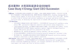 成功案例4 大型国际能源企业CEO继任
Case Study 4 Energy Giant CEO Succession
问题Issue：亚洲国家最大的综合性能源公司上市数年，创始人董事长兼CEO计划退休，计划从11个内外候
  选人中选拔继任人并制订继任规划方案，需要平衡创始人和董事会意见。Founding chairman-CEO of
  选人中选拔继任人并制订继任规划方案 需要平衡创始人和董事会意见 F                                   di     h i    CEO f
  leading energy company of Asian nation planned to retire several years after IPO. Needed
  to select from 11 internal and external candidates as successor and devise effective
  succession plan, by balancing the expectations of founder CEO and those of board members.
工作 Work Done：
       对所有候选人做360+和在线人格行为胜任力、文化价值观分析 Assessed all candidates using
       online 360+, personality-competency analytics and cultural values diagnostics.
       以现任首席执行官为标杆，结合董事会对继任者胜任力期望，对11位候选人的个性特征、行为风
       格和态度倾向进行分析排序 Ranked candidates against composite benchmark based on
       founder CEO profile and qualities proposed by the board.
       推荐最合适人选，被采纳 Recommended leading candidate, who was accepted.
       对可能出现的管理和人员风险作出评估 E l t d potential managerial, personnel risks.
                                          Evaluated   t ti l         i l          l i k
       制订换届计划，协助董事会推动首席执行官的平稳换届过渡 Proposed succession planning
       program to facilitate a smooth seamless transition.
成效 Outcome：继任计划得以完好实现，避免巨额猎头费用，参加竞选的高管候选人和所有高层人员均得
  以稳定，支持新领导人，从容有序地继续专注于公司的发展。Succession well accomplished,
  without exorbitant headhunting expenses, all original candidates and entire executive
  team support new leader and focus on business growth.



                                                                                          11
 