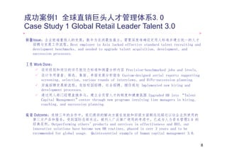 成功案例1 全球直销巨头人才管理体系3.0
Case Study 1 Global Retail Leader Talent 3 0
                                         3.0
问题Issue：企业极端重视人的发展，数年为亚洲最佳雇主。需要深度准确设定用人标准并建立统一的人才
  招聘与发展工作流程。Best
  招聘与发展工作流程 B t employer i A i l k d effective standard t l t recruiting and
                              l     in Asia lacked ff ti      t d d talent        iti d
  development benchmarks, and needed to upgrade talent acquisition, development, and
  succession processes.

工作 Work Done：
       设定级别和岗位的详尽胜任力标准和测量分析内容 Precision-benchmarked jobs and levels.
       设计专用普查、筛选、集面、单面发展分析报告 Custom-designed serial reports supporting
       screening, selection
       screening selection, various rounds of interviews, and HiPo-succession planning.
                                              interviews      HiPo succession planning
       实施招聘发展新流程，包括校园招聘、社会招聘、继任规划 Implemented new hiring and
       development processes.
       通过用人部门经理直接参与，建立全员管人才的制度和健康氛围 Upgraded HR into “Talent
       Capital Management”center through new programs involving line managers in hiring,
                         ”
       coaching, and succession planning.

成效 Outcome：连续三年的合作中，我们提供的解决方案在效能和回报方面都远远超过以往企业所使用的
  第三方产品和服务，受到国际总部关注，被列入广泛推广使用的考虑中。已成为人力资本管理3.0 的
  经典范例。Outperforming others’products and services in effectiveness and ROI, our
  innovative solutions have become new HR routines, phased in over 3 years and to be
  recommended for global usage. Q
                  g         g    Quintessential example of human capital management 3.0.
                                                    p              p         g


                                                                                           8
 
