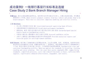 成功案例2 一线银行基层行长标准及选拔
Case Study 2 Bank Branch Manager Hiring
问题Issue：银行从高校招聘应届研究生，培养两年后任用为路支行负责人。未建立选拔标准前，所有甄选
  都是通过人工判读。Bank
  都是通过人工判读 B k recruits graduate students f
                              it     d t    t d t from b t schools and grooms th
                                                         best h l       d        them t b
                                                                                      to be
  branch managers. There were no consistent competency modeling and selective criteria.

工作 Work Done：
       对上级人员的胜任力访谈 BEI interviewed/surveyed supervising bank officers.
       对绩优群体做行为效能标准分析 Established performance benchmarks.
       提取标准，制作《职位适任测评分析 银行网点负责人版》报告 Custom-designed special
       reports based on benchmarking results.
            t b    d    b   h   ki       lt
       对候选人做在线心理测量和人格行为胜任力筛选 Assessed candidates online.
       为每个入围候选人提供测量分析报告和专用面试指导 Provided analytical reports and
       interview guide for each high-ranked candidate.

成效 Outcome：银行建立了清晰的路支行经理胜任标准，以此作为招聘、培养、发展指南。连续两年的实
  践证明此这些举措的巨大价值：招聘标准得以统一，流程简化，筛选周期从过去的几个星期缩短到几
  个小时；路支行候选人队伍后备人员充足，工作效能和忠诚度显著提高。Equipped
  个小时；路支行候选人队伍后备人员充足 工作效能和忠诚度显著提高 Equipped with clear and
  consistent benchmarking profiles, Bank now applies the standards in recruiting, training,
  coaching and career planning. Past two years have proven remarkable ROI: common hiring
  standards, simplified processes, cycle time reduced from weeks to hours, sufficient HiPo
  supplies,
  supplies significantly enhanced effectiveness engagement, and loyalty.
                                   effectiveness, engagement      loyalty

                                                                                              9
 