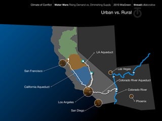 Climate of Conﬂict   Water Wars Rising Demand vs. Diminishing Supply   2010 MiaGreen   threadcollaborative


                                                               Urban vs. Rural




                                                            LA Aqueduct




                                                                              Las Vegas
San Francisco


                                                                              Colorado River Aqueduct

California Aqueduct
                                                                                     Colorado River



                            Los Angeles                                                      Phoenix


                                      San Diego
 