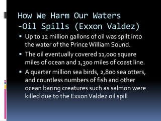 How We Harm Our Waters-Oil Spills (Exxon Valdez)Up to 12 million gallons of oil was spilt into the water of the Prince William Sound.The oil eventually covered 11,000 square miles of ocean and 1,300 miles of coast line.A quarter million sea birds, 2,800 sea otters, and countless numbers of fish and other ocean baring creatures such as salmon were killed due to the Exxon Valdez oil spill