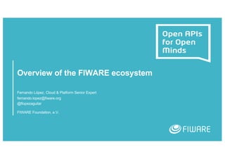 Overview of the FIWARE ecosystem
Fernando López, Cloud & Platform Senior Expert
fernando.lopez@fiware.org
@flopezaguilar
FIWARE Foundation, e.V.
 