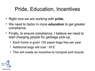 Pride, Education, Incentives
    
        Right now we are working with pride.
    
        We need to factor in more education to get greater
        compliance.
    
        Finally, to ensure compliance, I believe we need to
        start charging people for garbage pick-up.
         
             Each home is given 120 paper bags free per year
         
             Additional bags will cost ` XYZ
         
             This will create an incentive to compost and recycle




Waterwoods
 