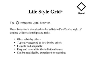 The  represents  Usual  behavior.  Usual behavior is  described as the individual’s effective style of dealing with relationships and tasks. Observable by others Typically accepted as positive by others Flexible and adaptable Easy and natural for the individual to use Can be modified by experience or coaching Usual Life Style Grid ® 