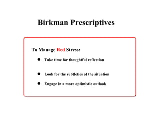 To Manage  Red  Stress: Take time for thoughtful reflection  Look for the subtleties of the situation  Engage in a more optimistic outlook Birkman Prescriptives 