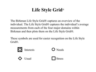 Life Style Grid ® The Birkman Life Style Grid® captures an overview of the individual. The Life Style Grid® captures the individual’s average measurements from each of the four major domains within Birkman and then plots them on the Life Style Grid®.  These symbols are used for easier recognition on the Life Style Grid®. Interests  Needs Usual  Stress 