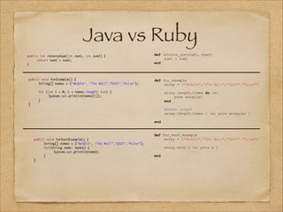 Java vs Ruby
public int retornaSum(int num1, int num2) {	
	
return num1 + num2;	
}

public void forExample() {	
	
String[] nomes = {"Meddle", "The Wall”,”DSOT","Pulse"};	

!

	
	
	
}	

for (int i = 0; i < nomes.length; i++) {	
	
System.out.println(nomes[i]);	
}	

!

def retorna_sum(num1, num2)
num1 + num2
end

!

def for_example
array = ["Meddle","The Wall","DSOT","Pulse"]

!
!
!

array.length.times do |x|
puts array[x]
end
#mesmo output
array.length.times { |x| puts array[x] }

end

!
	
	
	
	
	
	

!
public void forEachExample() {	
	
String[] nomes = {"Meddle", "The Wall”,"DSOT","Pulse"};	
	
for(String nome: nomes) {	
	
	
System.out.println(nome);	
	
}	
	
	
}

def for_each_example
array = ["Meddle","The Wall","DSOT","Pulse"]

!
!

end

array.each { |x| puts x }

 