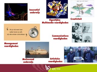 Innovatief  onderwijs Eigentijdse  Multimedia vaardigheden Management  vaardigheden Motiverend onderwijs Artistieke  vaardigheden Communicatieve vaardigheden Creativiteit 