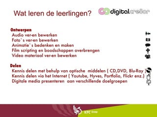 Wat leren de leerlingen? Ontwerpen Audio ver-en bewerken Foto`s ver-en bewerken Animatie`s bedenken en maken Film scripting en boodschappen overbrengen Video materiaal ver-en bewerken Delen Kennis delen met behulp van optische  middelen ( CD,DVD, Blu-Ray ) Kennis delen via het Internet ( Youtube, Hyves, Portfolio, Flickr enz.) Digitale media presenteren  aan verschillende doelgroepen 