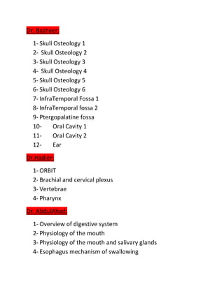 Dr. Basheer:
  1- Skull Osteology 1
  2- Skull Osteology 2
  3- Skull Osteology 3
  4- Skull Osteology 4
  5- Skull Osteology 5
  6- Skull Osteology 6
  7- InfraTemporal Fossa 1
  8- InfraTemporal fossa 2
  9- Ptergopalatine fossa
  10-     Oral Cavity 1
  11-     Oral Cavity 2
  12-     Ear
Dr.Hadier:
  1- ORBIT
  2- Brachial and cervical plexus
  3- Vertebrae
  4- Pharynx
Dr. AbdulAhad:
  1- Overview of digestive system
  2- Physiology of the mouth
  3- Physiology of the mouth and salivary glands
  4- Esophagus mechanism of swallowing
 