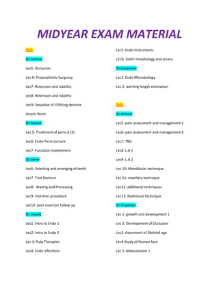 MIDYEAR EXAM MATERIAL
DCP:                                     Lec5: Endo Instruments

Dr.Ammar                                 LEC6: tooth morphology and access

Lec5: Occlusion                          Dr.Hasaneen

Lec 6: Preprosthetic Surgurey            Lec1: Endo Microbiology

Lec7: Retension and stability            Lec 2: working length estimation

Lec8: Retension and stability

Lec9: Sequelae of ill fitting denture    DHS:

Acrylic Resin                            Dr.Ahmed

Dr.Batool:                               Lec5: pain assessment and management 1

Lec 5: Treatment of perio d (2)          Lec6: pain assessment and management 2

Lec6: Endo-Perio Lecture                 Lec7: TMJ

Lec7: Furcation involvement              Lec8: L.A 1

Dr.Omer                                  Lec9: L.A 2

Lec6: Selecting and arranging of teeth   Lec 10: Mandibular technique

Lec7: Trial Denture                      Lec 11: maxillary technique

Lec8: Waxing and Processing              Lec12: additional techniques

Lec9: Insertion procedure                Lec13: Additional Technique

Lec10: post insertion follow up          Dr.Priyanker

Dr.Sheela                                Lec 1: growth and development 1

Lec1: Intro to Endo 1                    Lec 2: Development of Occlusion

Lec2: Intro to Endo 2                    Lec3: Assesment of Skeletal age

Lec 3: Pulp Therapies                    Lec4:Study of Human face

Lec4: Endo infections                    Lec 5: Malocclusion 1
 