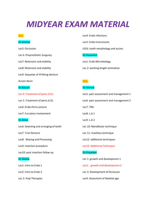 MIDYEAR EXAM MATERIAL
DCP:                                     Lec4: Endo infections

Dr.Ammar                                 Lec5: Endo Instruments

Lec5: Occlusion                          LEC6: tooth morphology and access

Lec 6: Preprosthetic Surgurey            Dr.Hasaneen

Lec7: Retension and stability            Lec1: Endo Microbiology

Lec8: Retension and stability            Lec 2: working length estimation

Lec9: Sequelae of ill fitting denture

Acrylic Resin                            DHS:

Dr.Batool:                               Dr.Ahmed

Lec 4: Treatment of perio d (1)          Lec5: pain assessment and management 1

Lec 5: Treatment of perio d (2)          Lec6: pain assessment and management 2

Lec6: Endo-Perio Lecture                 Lec7: TMJ

Lec7: Furcation involvement              Lec8: L.A 1

Dr.Omer                                  Lec9: L.A 2

Lec6: Selecting and arranging of teeth   Lec 10: Mandibular technique

Lec7: Trial Denture                      Lec 11: maxillary technique

Lec8: Waxing and Processing              Lec12: additional techniques

Lec9: Insertion procedure                Lec13: Additional Technique

Lec10: post insertion follow up          Dr.Priyanker

Dr.Sheela                                Lec 1: growth and development 1

Lec1: Intro to Endo 1                    Lec2: : growth and development 2

Lec2: Intro to Endo 2                    Lec 3: Development of Occlusion

Lec 3: Pulp Therapies                    Lec4: Assesment of Skeletal age
 