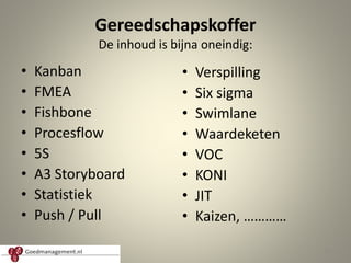 Gereedschapskoffer
De inhoud is bijna oneindig:
• Kanban
• FMEA
• Fishbone
• Procesflow
• 5S
• A3 Storyboard
• Statistiek
• Push / Pull
• Verspilling
• Six sigma
• Swimlane
• Waardeketen
• VOC
• KONI
• JIT
• Kaizen, …………
10
 
