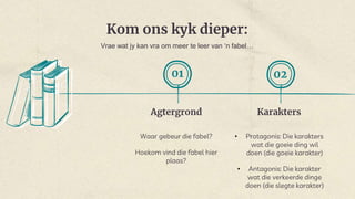 Kom ons kyk dieper:
Agtergrond
Waar gebeur die fabel?
Hoekom vind die fabel hier
plaas?
01 02
Karakters
• Protagonis: Die karakters
wat die goeie ding wil
doen (die goeie karakter)
• Antagonis: Die karakter
wat die verkeerde dinge
doen (die slegte karakter)
Vrae wat jy kan vra om meer te leer van ‘n fabel…
 
