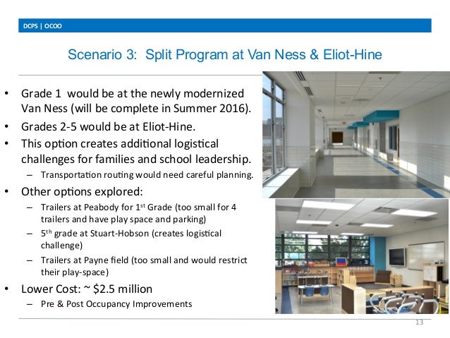 Scenario 3: Split Program at Van Ness & Eliot-Hine
DCPS	
  |	
  OCOO	
  
13	
  
•  Grade	
  1	
  	
  would	
  be	
  at	
  ...