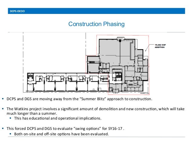 Construction	
  Phasing
	
  
§  DCPS	
  and	
  DGS	
  are	
  moving	
  away	
  from	
  the	
  “Summer	
  Blitz”	
  approa...