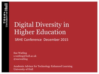 Digital Diversity in
Higher Education
Sue Watling
s.watling@hull.ac.uk
@suewatling
Academic Advisor for Technology Enhanced Learning
University of Hull
SRHE Conference December 2015
 