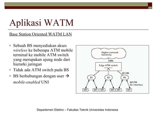 Aplikasi WATM
Base Station Oriented WATM LAN
o

o
o

Sebuah BS menyediakan akses
wireless ke beberapa ATM mobile
terminal ke mobile ATM switch
yang merupakan ujung node dari
hierarki jaringan
Tidak ada ATM switch pada BS
BS berhubungan dengan user 
mobile-enabled UNI

Departemen Elektro – Fakultas Teknik Universitas Indonesia

 