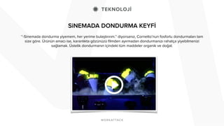 SiNEMADA DONDURMA KEYFİ 
! 
‘’-Sinemada dondurma yiyemem, her yerime bulaştırırım.’’ diyorsanız, Cornetto’nun fosforlu dondurmaları tam 
size göre. Ürünün amacı ise, karanlıkta gözünüzü filmden ayırmadan dondurmanızı rahatça yiyebilmenizi 
sağlamak. Üstelik dondurmanın içindeki tüm maddeler organik ve doğal. 
 
