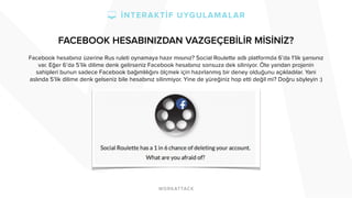 FACEBOOK HESABINIZDAN VAZGEÇEBİLİR MİSİNİZ? 
Facebook hesabınız üzerine Rus ruleti oynamaya hazır mısınız? Social Roulette adlı platformda 6’da 1’lik şansınız 
var. Eğer 6’da 5’lik dilime denk gelirseniz Facebook hesabınız sonsuza dek siliniyor. Öte yandan projenin 
sahipleri bunun sadece Facebook bağımlılığını ölçmek için hazırlanmış bir deney olduğunu açıkladılar. Yani 
aslında 5’lik dilime denk gelseniz bile hesabınız silinmiyor. Yine de yüreğiniz hop etti değil mi? Doğru söyleyin :) 
 