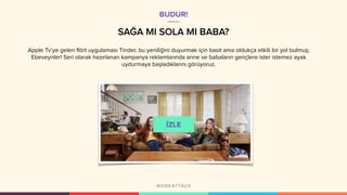 SAĞA MI SOLA MI BABA?
Apple Tv’ye gelen flört uygulaması Tinder, bu yeniliğini duyurmak için basit ama oldukça etkili bir yol bulmuş;
Ebeveynler! Seri olarak hazırlanan kampanya reklamlarında anne ve babaların gençlere ister istemez ayak
uydurmaya başladıklarını görüyoruz.
BUDUR!
 