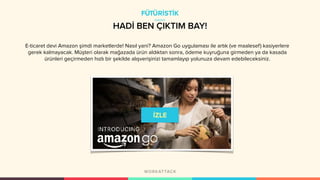 HADİ BEN ÇIKTIM BAY!
E-ticaret devi Amazon şimdi marketlerde! Nasıl yani? Amazon Go uygulaması ile artık (ve maalesef) kasiyerlere
gerek kalmayacak. Müşteri olarak mağazada ürün aldıktan sonra, ödeme kuyruğuna girmeden ya da kasada
ürünleri geçirmeden hızlı bir şekilde alışverişinizi tamamlayıp yolunuza devam edebileceksiniz.
FÜTÜRİSTİK
 