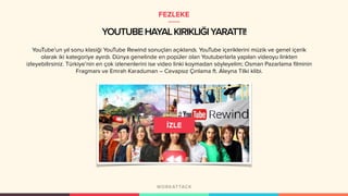 YOUTUBEHAYALKIRIKLIĞIYARATTI!
YouTube’un yıl sonu klasiği YouTube Rewind sonuçları açıklandı. YouTube içeriklerini müzik ve genel içerik
olarak iki kategoriye ayırdı. Dünya genelinde en popüler olan Youtuberlarla yapılan videoyu linkten
izleyebilirsiniz. Türkiye’nin en çok izlenenlerini ise video linki koymadan söyleyelim; Osman Pazarlama filminin
Fragmanı ve Emrah Karaduman – Cevapsız Çınlama ft. Aleyna Tilki klibi.
FEZLEKE
 