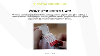 VODAFONE’DAN KIRMIZI ALARM 
Vodafone, kadına karşı şiddete karşı Kırmızı Alarm uygulamasını geliştirdi. Şiddet gören kadının, o an 
yalnızca telefonunu sallamasıyla polis, ambulans, jandarma, yakınları… gibi yerlere ulaşmasını sağlayan 
uygulamanın, diğer markalara da örnek olmasını diliyoruz. 
! 
 