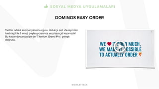 DOMINOS EASY ORDER
Twitter odaklı kampanyanın kurgusu oldukça net. #easyorder
hashtag’i ile 1 emoji paylaşıyorsunuz ve pizza çat kapınızda!
Bu kadar doyurucu işe de ‘Titanium Grand Prix’ yakıştı
doğrusu.
 