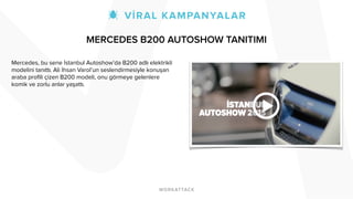 MERCEDES B200 AUTOSHOW TANITIMI
Mercedes, bu sene İstanbul Autoshow’da B200 adlı elektrikli
modelini tanıttı. Ali İhsan Varol’un seslendirmesiyle konuşan
araba profili çizen B200 modeli, onu görmeye gelenlere
komik ve zorlu anlar yaşattı.
 
