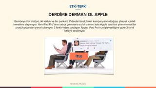 DERDİME DERMAN OL APPLE
ETKİ-TEPKİ
Bembeyaz bir stüdyo, iki koltuk ve bir pankart. Videolar basit, fakat kampanyanın doğuşu şikayet içerikli
tweetlere dayanıyor. Yenı iPad Pro’ların satışa çıkmasına az bir zaman kala Apple tercihini yine minimal bir
prodüksiyondan yana kullanıyor. 3 farklı video paylaşan Apple, iPad Pro’nun işlevselliğine göre 3 farklı
kitleye sesleniyor.
 