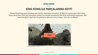 ETKİ-TEPKİ
Efsane King Kong beyaz perdeye geri döndü. Meraklıları ise çoktan 10 Mart’ta vizyona giren filmi izledi.
Kong: Skull Island filmi için yayınlanan reklam ise meraklı olmayanları bile filme dahil etmeyi başarıyor. 360
video tekniği ile seyirciler King Kong’un öfkesine maruz kalıyor. Hem de ne öfkeye!
KİNG KONG İLE PARÇALANMA KEYFİ
 