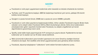 NEDİR?
• Facebook’un canlı yayın uygulamasını kullanmak artık masaüstü ve dizüstü cihazlarda da mümkün.
• YouTube, canlı TV yayınlarına başlıyor. ABD’de başlamaya hazırlanan yeni servis, yaklaşık 35 önemli
kablolu kanalı kapsıyor.
• Google’ın e-posta hizmeti Gmail, 25MB olan e-posta ek sınırını 50MB’a yükseltti.
• Facebook’un canlı video yayınlarına başlamasıyla birlikte, intihar vakaları Facebook'a taşındı. Birden fazla
vakadan sonra eleştiri okları Facebook CEO’su Mark Zuckerberg’e döndü. Daha önce kullanıcıların
arkadaşlarından gelen raporlarla hareket eden Facebook, bu olayları engellemek için kendi
algoritmalarına güvenmeye karar verdi.
• Spotify, seste kalite kaybı yaşanmayacak Hi-Fi versiyonunu yayına alacak. Fiyatlandırma ise bazı
kullanıcılar için 5, bazıları için ise 10 dolar olarak belirlendi.
• Web sürümünde kullanıcıların para transferi yapmasına izin veren Gmail bu özeliğini Android
cihazlarına da taşıdı. Yeni özellikle artık Gmail uygulamasından para gönderip almak mümkün.
• Facebook, alışverişi kolaylaştıran “collections” isimli reklam formatını kullanıma sundu.
 